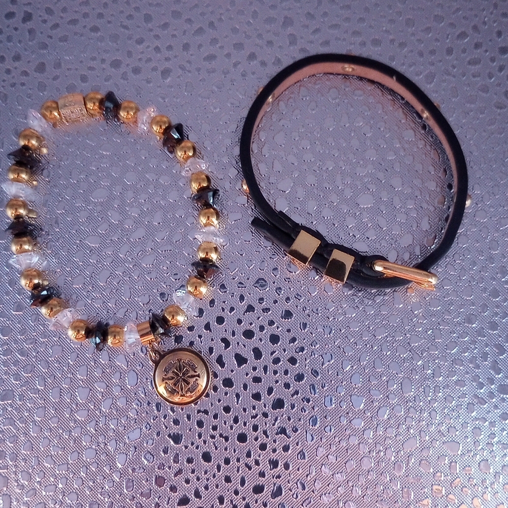 Rustic Cuff Gold and Black Bracelet Duo
